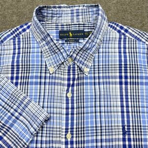Ralph Lauren Shirt Mens XXL Blue Plaid Slim Fit Short Sleeve Seersucker Pony